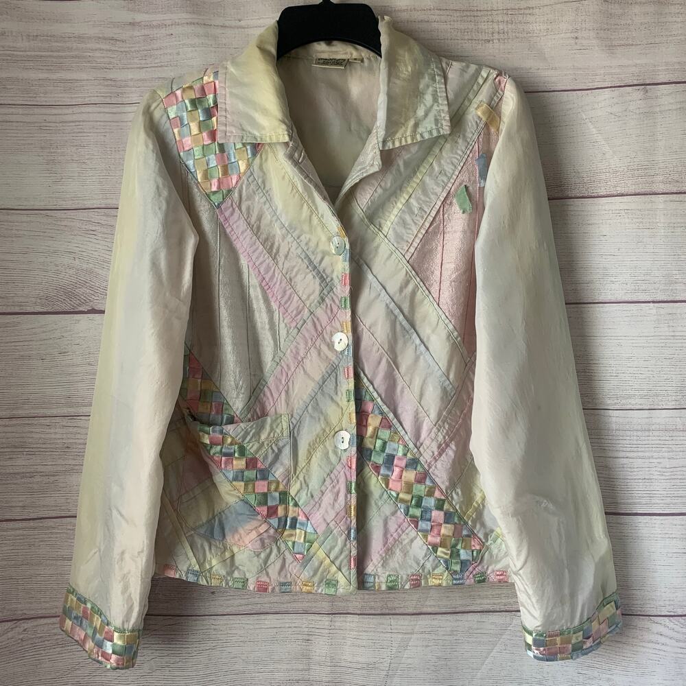 Vintage 90s Parsley & Sage Pastel Patchwork Silk Jacket Ribbon Detail Size S